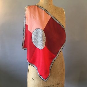 Vintage Silk Scarf, Dumont Pocket Square, 1950s-60's, Pink Red, Hand Rolled Hem